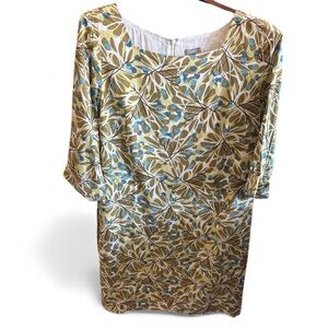 J. Jill Subtle Patterned Midi Dress in Tan Blue and White 3/4 Sleeves Size 12